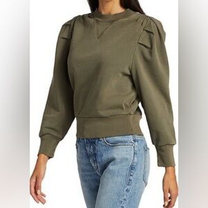 FRAME Denim Shirred Crewneck Sweatshirt Army Olive Green M